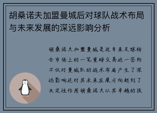 胡桑诺夫加盟曼城后对球队战术布局与未来发展的深远影响分析