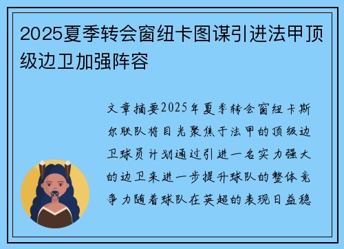 2025夏季转会窗纽卡图谋引进法甲顶级边卫加强阵容 2025夏季转会窗纽卡图谋引进法甲顶级边卫加强阵容